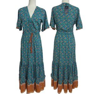 Elegant Floral Maxi Dress in Teal and Brown